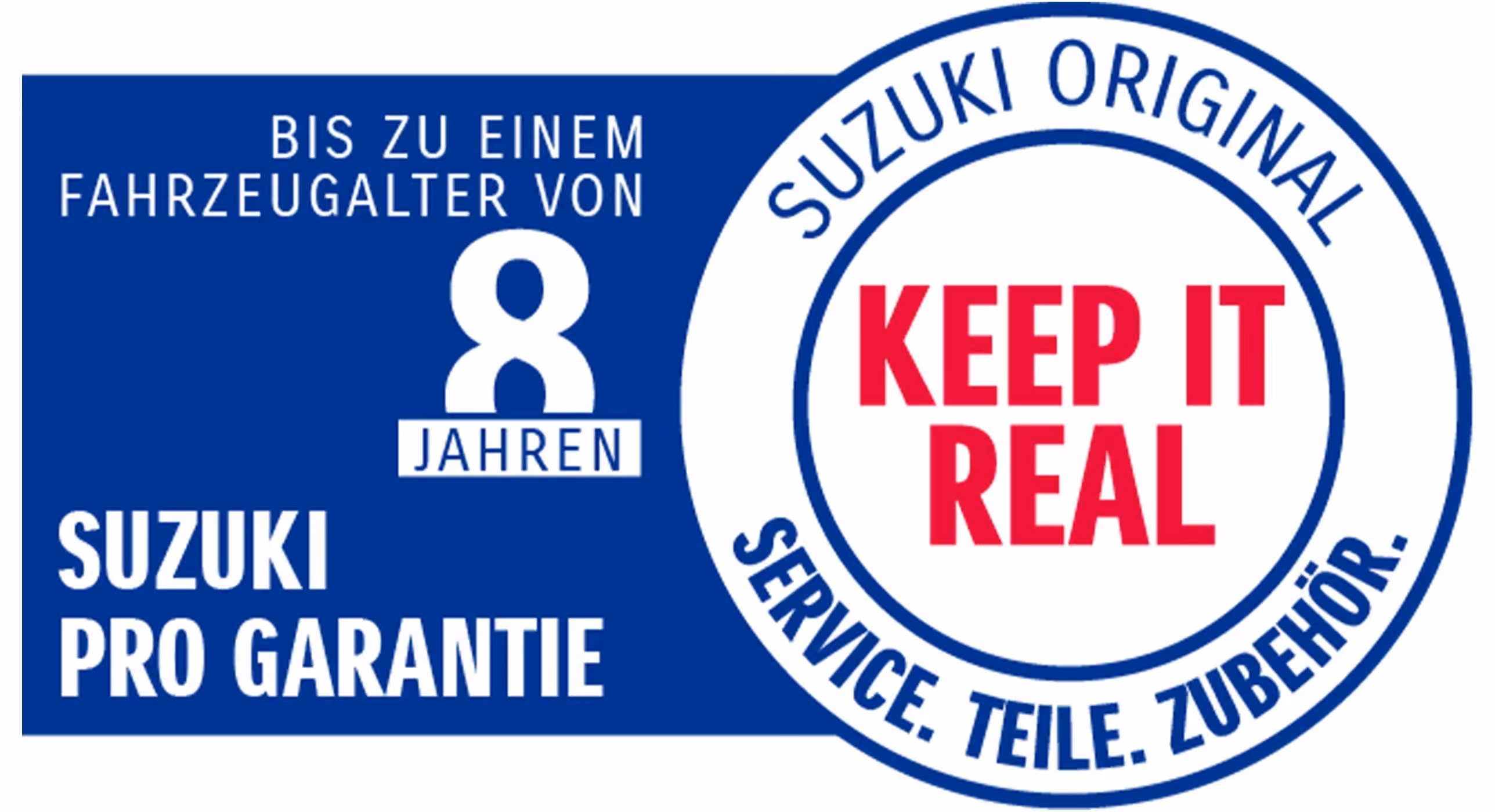 Die Suzuki Modelle – Swift, S-Cross, Vitara, e VITARA und Across – stehen vor einer grafischen Hintergrundkulisse weiß und blau. Im Bild ist ein grafisches Symbol, die Zahl 8 in einem blauen Rahmen. . Das Logo der Suzuki Pro Garantie und das "Keep It Real" Logo. Texte: Suzuki Original Service. Teile. Zubehör. Keep It Real. Und: Bis zu einem Fahrzeugalter von 8 Jahren. Suzuki Pro Garantie Eine Suzuki Mitarbeiterin sitzt in einem Suzuki Overall in einem Auto. Sie arbeitet an einer auf einem Tablett dargestellten Checkliste.