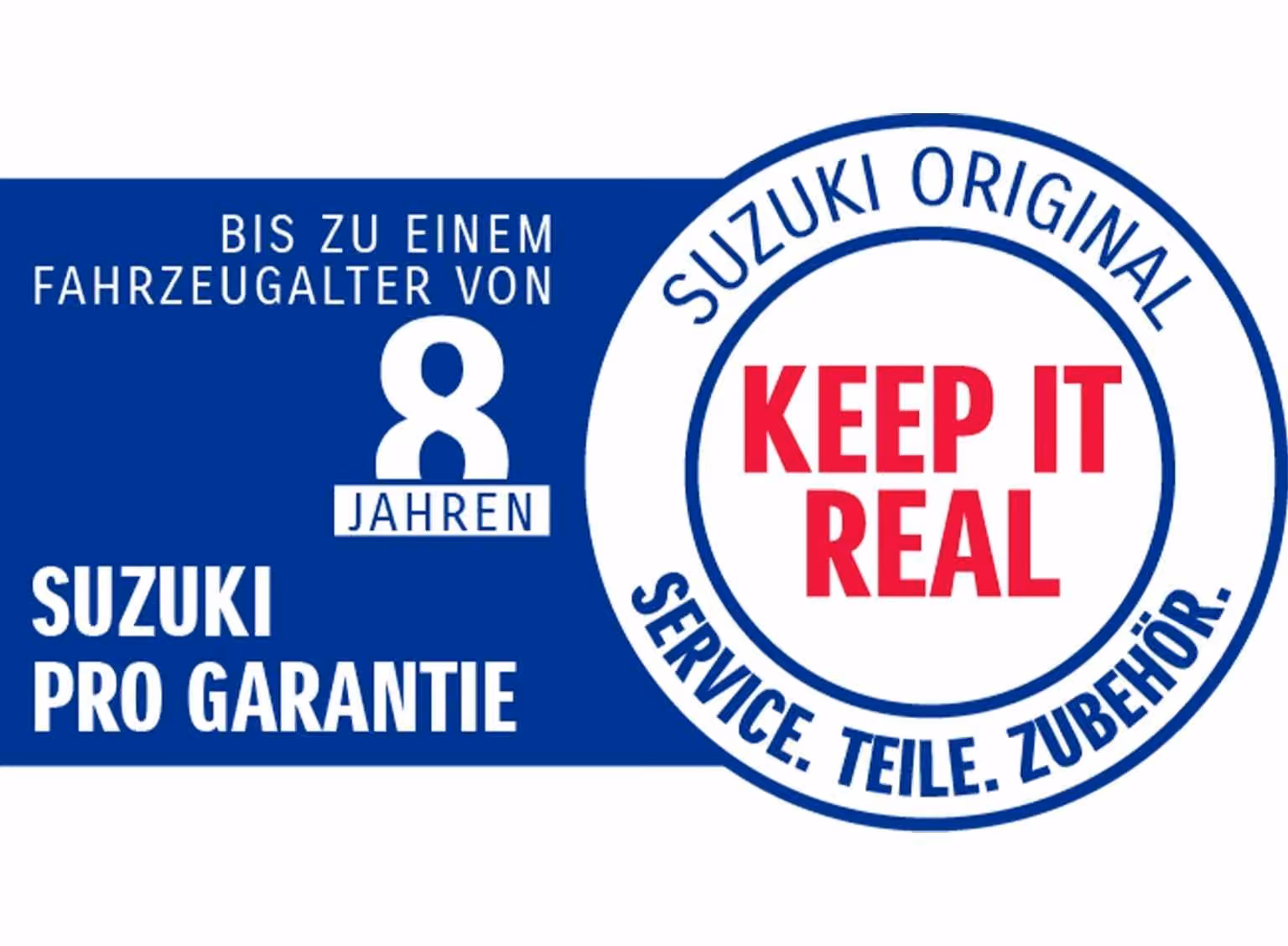 Die Suzuki Modelle – Swift, S-Cross, Vitara, e VITARA und Across – stehen vor einer grafischen Hintergrundkulisse weiß und blau. Im Bild ist ein grafisches Symbol, die Zahl 8 in einem blauen Rahmen. . Das Logo der Suzuki Pro Garantie und das "Keep It Real" Logo. Texte: Suzuki Original Service. Teile. Zubehör. Keep It Real. Und: Bis zu einem Fahrzeugalter von 8 Jahren. Suzuki Pro Garantie Eine Suzuki Mitarbeiterin sitzt in einem Suzuki Overall in einem Auto. Sie arbeitet an einer auf einem Tablett dargestellten Checkliste.