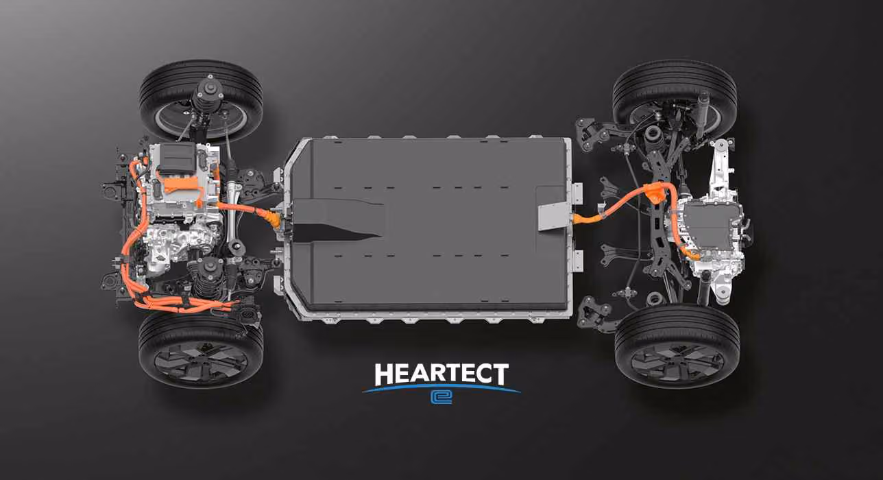 Die HEARTECT-e Plattform bestehend aus der vollelektrischen Antriebseinheit eAxle und der Lithium-Eisenphosphat-Batterie.